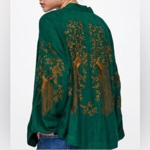 Zara NWT Dark Green Kimono with Gold Embroidery